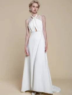 Boho Wedding Dress Polyester Applique Ball Gown With Train Natural Waist Backless Sleeveless Designed Neckline Ivory