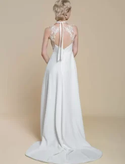 Boho Wedding Dress Polyester Applique Ball Gown With Train Natural Waist Backless Sleeveless Designed Neckline Ivory