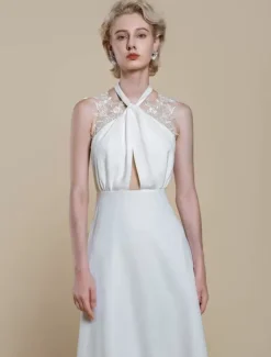 Boho Wedding Dress Polyester Applique Ball Gown With Train Natural Waist Backless Sleeveless Designed Neckline Ivory