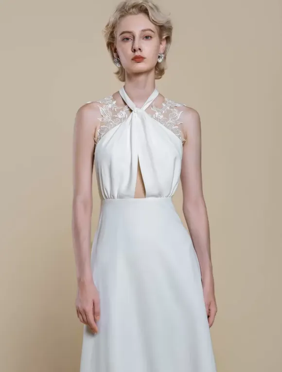 Boho Wedding Dress Polyester Applique Ball Gown With Train Natural Waist Backless Sleeveless Designed Neckline Ivory