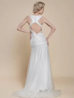 Boho Wedding Dress Polyester Cut Out Mermaid With Train Natural Waist Backless Sleeveless V-Neck Ivory