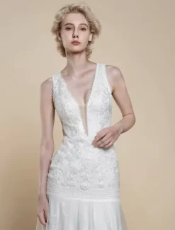 Boho Wedding Dress Polyester Cut Out Mermaid With Train Natural Waist Backless Sleeveless V-Neck Ivory