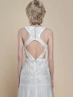 Boho Wedding Dress Polyester Cut Out Mermaid With Train Natural Waist Backless Sleeveless V-Neck Ivory