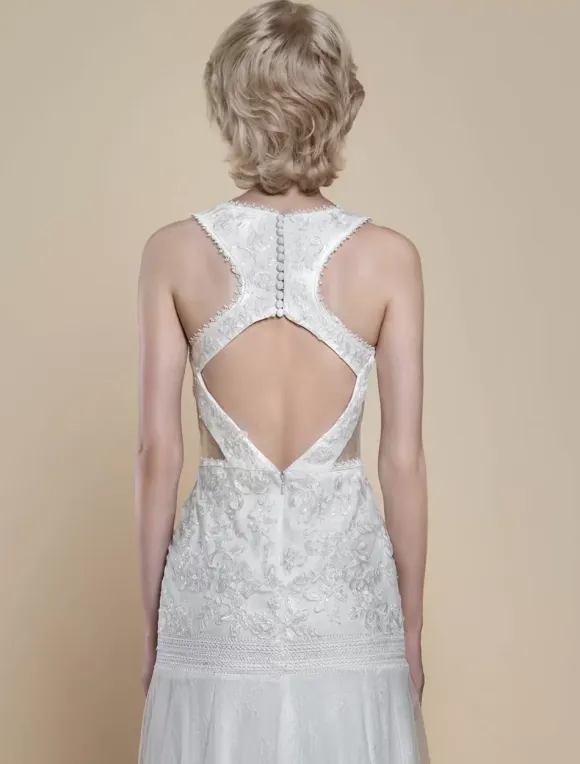 Boho Wedding Dress Polyester Cut Out Mermaid With Train Natural Waist Backless Sleeveless V-Neck Ivory