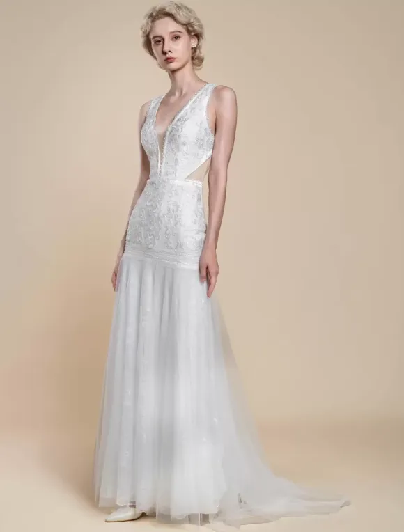 Boho Wedding Dress Polyester Cut Out Mermaid With Train Natural Waist Backless Sleeveless V-Neck Ivory
