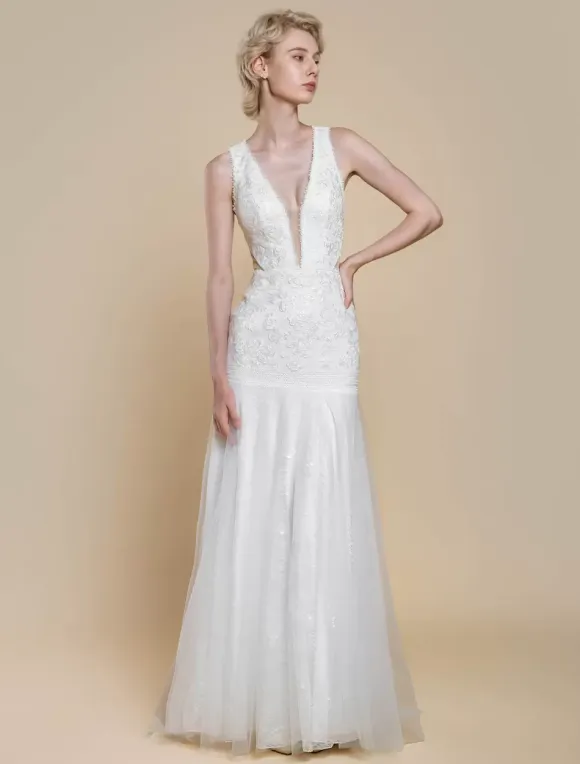 Boho Wedding Dress Polyester Cut Out Mermaid With Train Natural Waist Backless Sleeveless V-Neck Ivory