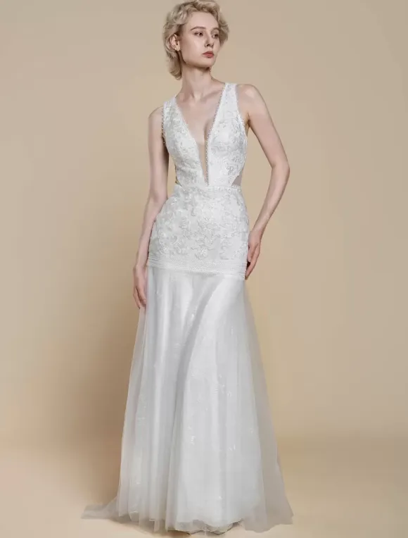 Boho Wedding Dress Polyester Cut Out Mermaid With Train Natural Waist Backless Sleeveless V-Neck Ivory