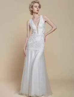 Boho Wedding Dress Polyester Cut Out Mermaid With Train Natural Waist Backless Sleeveless V-Neck Ivory