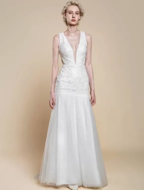 Boho Wedding Dress Polyester Cut Out Mermaid With Train Natural Waist Backless Sleeveless V-Neck Ivory
