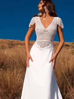 Boho Wedding Dress Satin Fabric Lace A-Line Sweep Raised Waist Backless Short Sleeves V-Neck Ivory