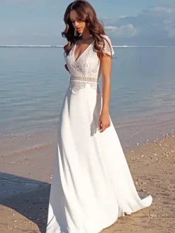Boho Wedding Dress Satin Fabric Lace A-Line Sweep Raised Waist Backless Short Sleeves V-Neck Ivory