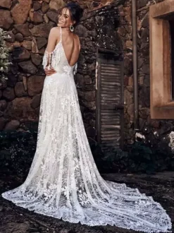 Boho Wedding Dress With Train Ivory A-Line Sleeveless V-Neck Backless Lace Bridal Gowns Free Customization