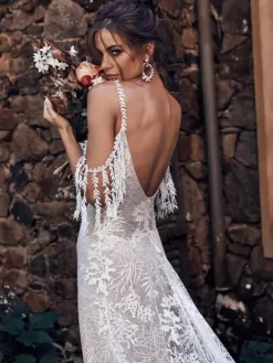 Boho Wedding Dress With Train Ivory A-Line Sleeveless V-Neck Backless Lace Bridal Gowns Free Customization