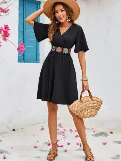 Boho Wrap Style Midi Dress for Women - Black V Neck Flutter Sleeve Embroidered Skater Sundress - Summer Beach 2026