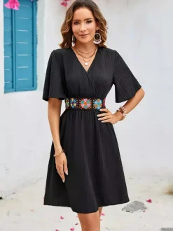 Boho Wrap Style Midi Dress for Women - Black V Neck Flutter Sleeve Embroidered Skater Sundress - Summer Beach 2026