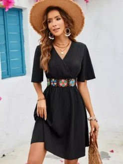 Boho Wrap Style Midi Dress for Women - Black V Neck Flutter Sleeve Embroidered Skater Sundress - Summer Beach 2026