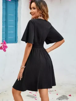 Boho Wrap Style Midi Dress for Women - Black V Neck Flutter Sleeve Embroidered Skater Sundress - Summer Beach 2026