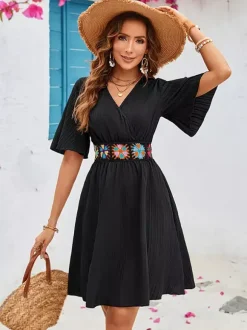 Boho Wrap Style Midi Dress for Women - Black V Neck Flutter Sleeve Embroidered Skater Sundress - Summer Beach 2026