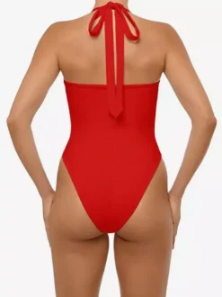 Bold Cut Out One Piece Swimsuit For Women - Red Halter Neck Sexy Monokini - Summer Beach Pool Party 2026