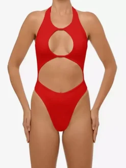 Bold Cut Out One Piece Swimsuit For Women - Red Halter Neck Sexy Monokini - Summer Beach Pool Party 2026