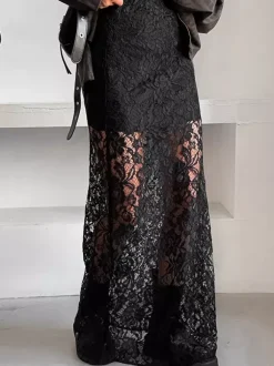 Bottom Sheer Black Cut Out Lace Raised Waist Skirt