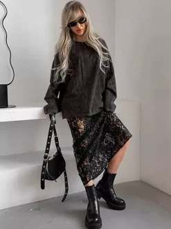 Bottom Sheer Black Cut Out Lace Raised Waist Skirt