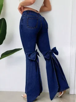 Bow Knot Flare Jeans For Women - Blue Trendy Wide Leg Denim Bottoms - Spring Streetwear 2026