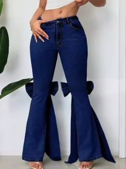 Bow Knot Flare Jeans For Women - Blue Trendy Wide Leg Denim Bottoms - Spring Streetwear 2026
