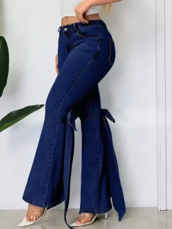 Bow Knot Flare Jeans For Women - Blue Trendy Wide Leg Denim Bottoms - Spring Streetwear 2026