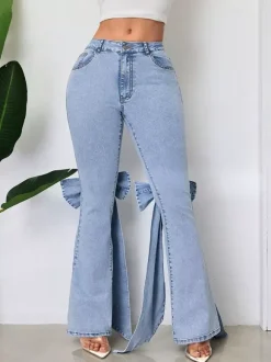 Bow Knot Flare Jeans For Women - Blue Trendy Wide Leg Denim Bottoms - Spring Streetwear 2026