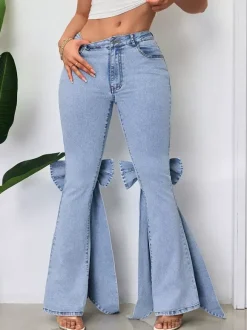 Bow Knot Flare Jeans For Women - Blue Trendy Wide Leg Denim Bottoms - Spring Streetwear 2026