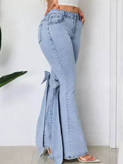Bow Knot Flare Jeans For Women - Blue Trendy Wide Leg Denim Bottoms - Spring Streetwear 2026