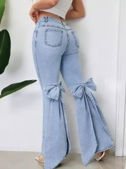 Bow Knot Flare Jeans For Women - Blue Trendy Wide Leg Denim Bottoms - Spring Streetwear 2026