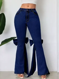 Bow Knot Flare Jeans For Women - Blue Trendy Wide Leg Denim Bottoms - Spring Streetwear 2026