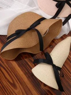 Bowknot Straw Hat For Women Summer Outdoor Foldable Sunshade Beach Hat 2026