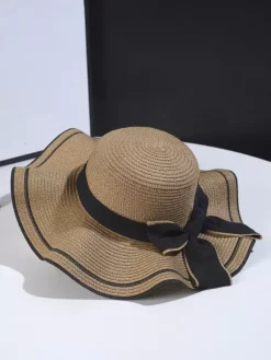Bowknot Straw Hat With Wave Brim Summer Beach Sun Hat For Women 2026
