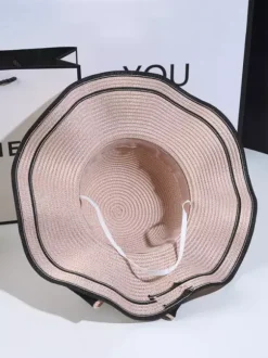 Bowknot Straw Hat With Wave Brim Summer Beach Sun Hat For Women 2026