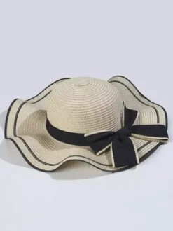 Bowknot Straw Hat With Wave Brim Summer Beach Sun Hat For Women 2026