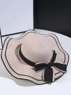Bowknot Straw Hat With Wave Brim Summer Beach Sun Hat For Women 2026