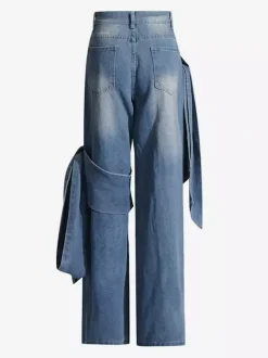 Bow Knot Wide Leg Jeans For Women - Medium Blue Y2K Aesthetic High Waist Baggy Denim Trousers - Spring Streetwear 2026