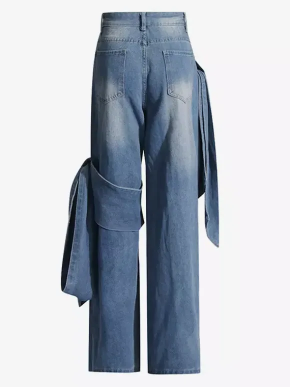 Bow Knot Wide Leg Jeans For Women - Medium Blue Y2K Aesthetic High Waist Baggy Denim Trousers - Spring Streetwear 2026