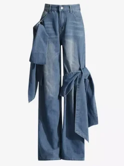 Bow Knot Wide Leg Jeans For Women - Medium Blue Y2K Aesthetic High Waist Baggy Denim Trousers - Spring Streetwear 2026