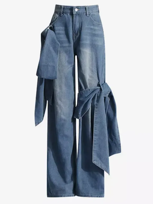 Bow Knot Wide Leg Jeans For Women - Medium Blue Y2K Aesthetic High Waist Baggy Denim Trousers - Spring Streetwear 2026