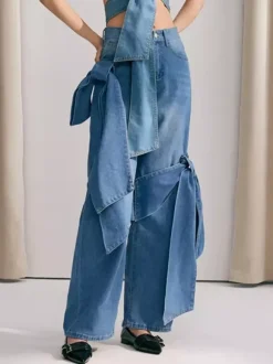 Bow Knot Wide Leg Jeans For Women - Medium Blue Y2K Aesthetic High Waist Baggy Denim Trousers - Spring Streetwear 2026