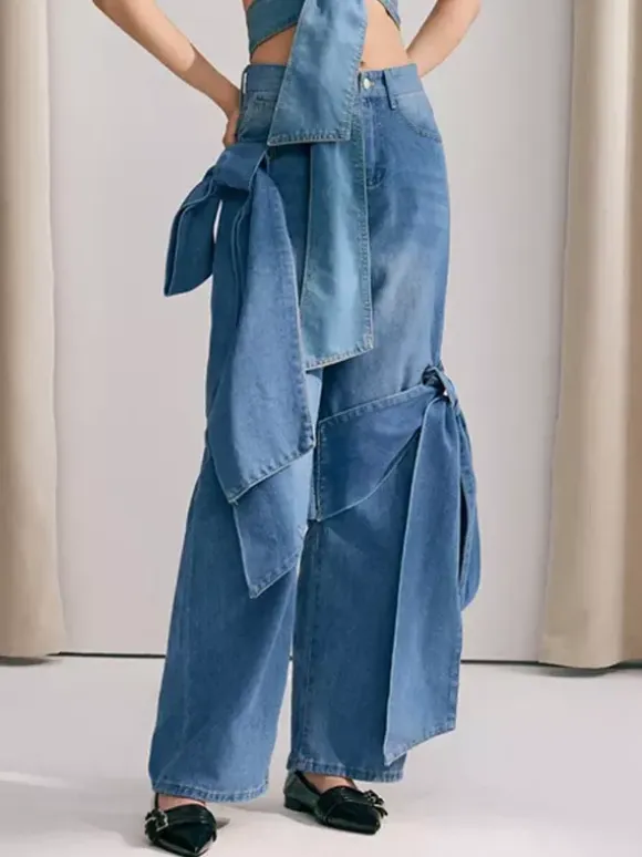 Bow Knot Wide Leg Jeans For Women - Medium Blue Y2K Aesthetic High Waist Baggy Denim Trousers - Spring Streetwear 2026
