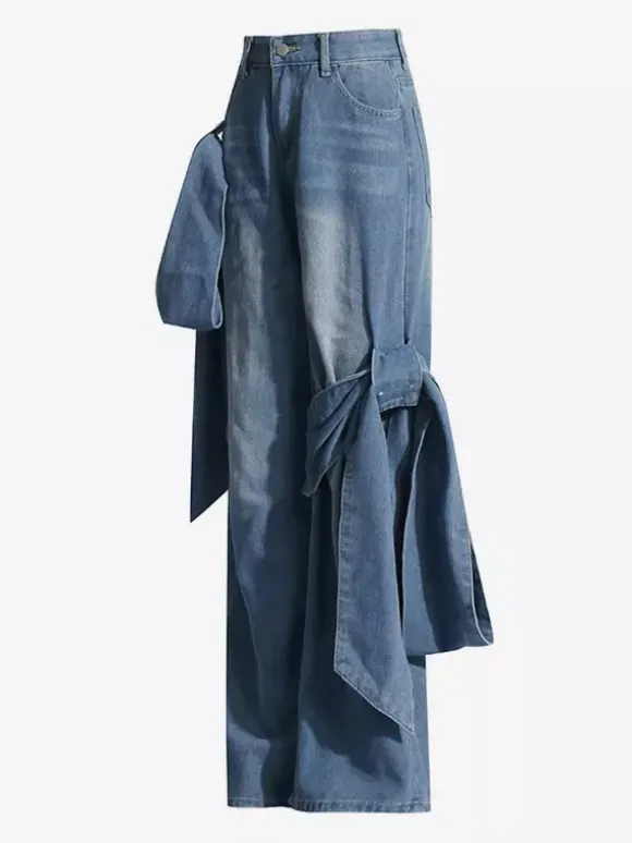 Bow Knot Wide Leg Jeans For Women - Medium Blue Y2K Aesthetic High Waist Baggy Denim Trousers - Spring Streetwear 2026