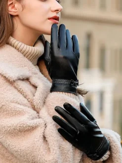 Bows Ladies Warm Heated Winter Leather Waterproof Short Gloves For Women