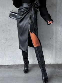 Bow Tie Skirt High Waist Black PU Leather Fall Winter Women Bottoms