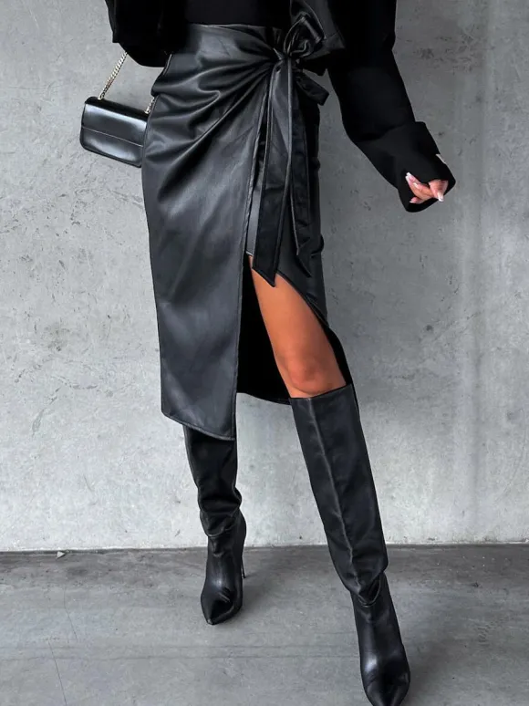 Bow Tie Skirt High Waist Black PU Leather Fall Winter Women Bottoms