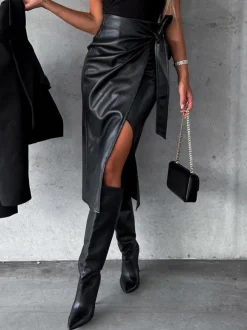 Bow Tie Skirt High Waist Black PU Leather Fall Winter Women Bottoms